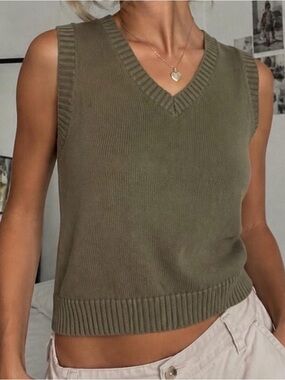 Brandy Melville Olive Green V-Neck Knit Sweater Vest